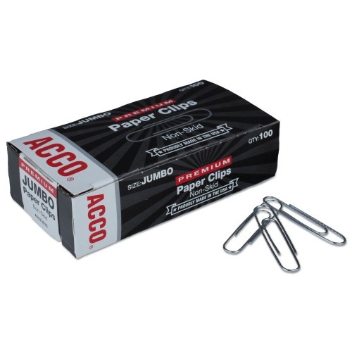 Acco Premium Heavy-Gauge Wire Paper Clips, Jumbo, Nonskid, Silver, 100 Clips/Box, 10 Boxes/Pack