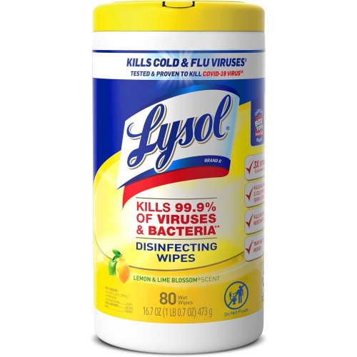 Lysol Disinfecting Wipes - 1-Ply, 7 x 7.25, Lemon and Lime Blossom, White, 80 Wipes/Canister