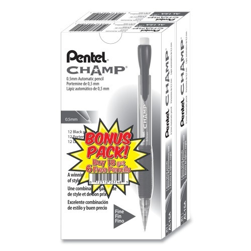Pentel Champ Mechanical Pencil, 0.5 mm, HB (#2.5), Black Lead, Translucent Black Barrel, 24/Pack