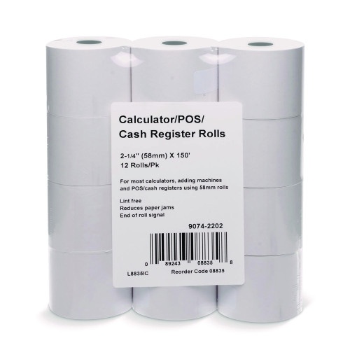 Iconex Impact Bond Paper Rolls, 2.25" x 150 Ft, White, 12/Pack