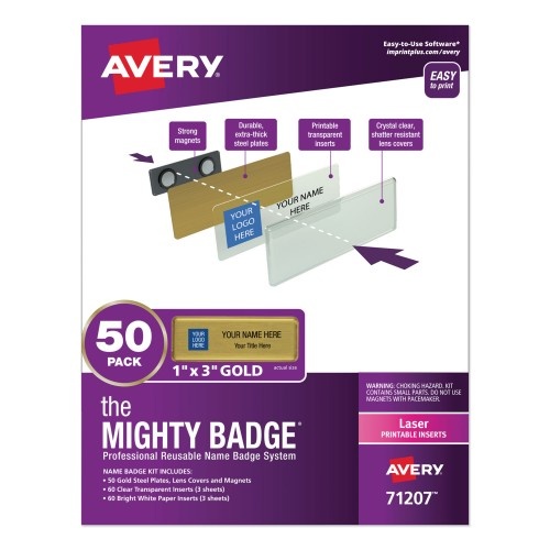 Avery The Mighty Badge Name Badge Holder Kit, Horizontal, 3 x 1, Laser, Gold, 50 Holders/120 Inserts