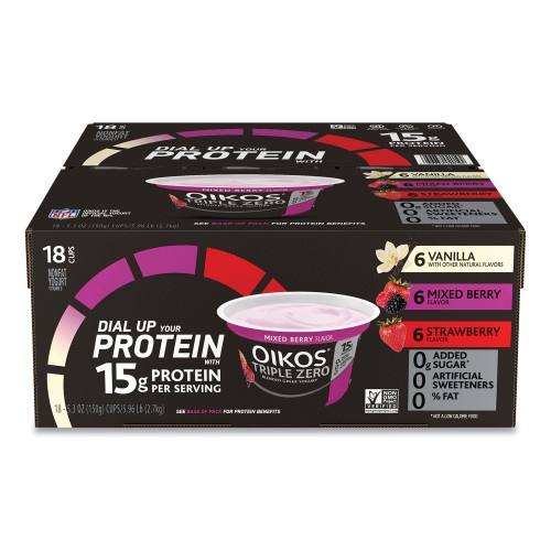 Oikos Triple Zero Blended Greek Nonfat Yogurt, 5.3 Oz, Strawberry/Mixed Berry/Vanilla, 18/Carton