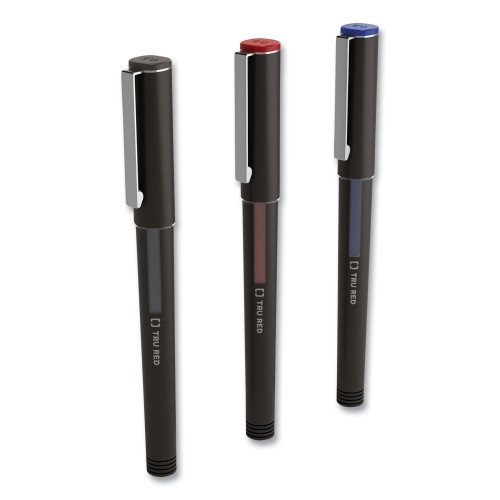 Tru Red Roller Ball Pen, Fine 0.5 mm, Assorted Ink Colors, Black Barrel, 3/Pack