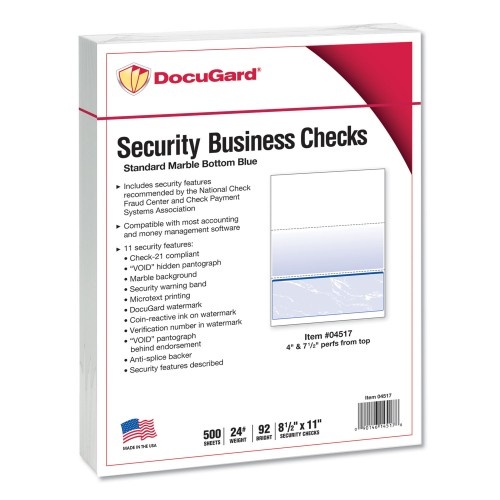 DocuGard Standard Security Check - 11 Features, 8.5 x 11, Blue Marble Bottom, 500/Ream
