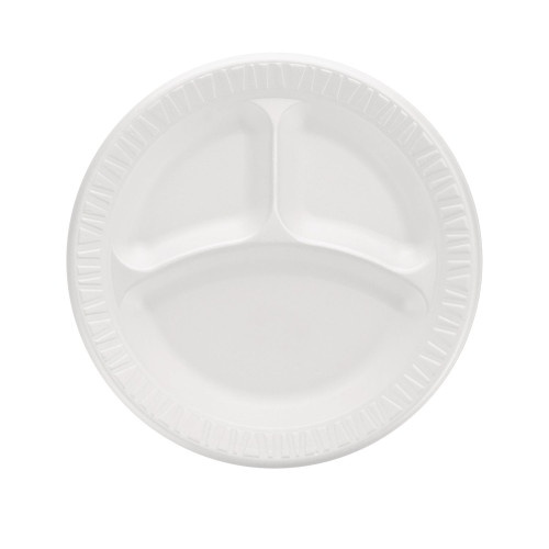 Dart Quiet Classic Laminated Foam Plates, 3-Compartment, 9" Dia, White, 125/Pack, 4 Packs/Carton