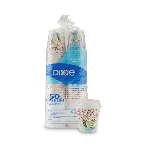 Dixie PerfecTouch Paper Hot Cups and Lids Combo, 10 Oz, Multicolor, 50 Cups/Lids/Pack