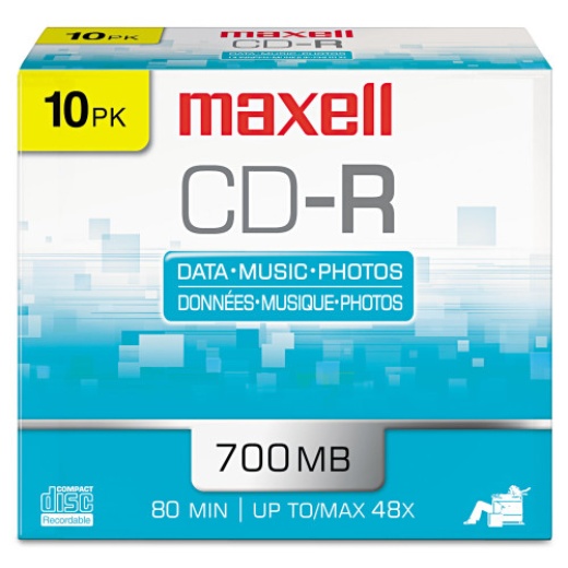 Maxell CD-R Recordable Disc, 700 Mb/80 Min, 48X, Slim Jewel Case, Silver, 10/Pack