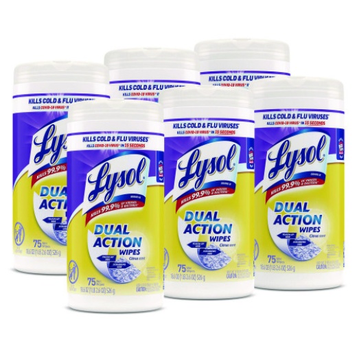 Lysol Brand Dual Action Disinfecting Wipes, 1-Ply, 7 X 7.5, Citrus, White/Purple, 75/Canister, 6 Canisters/Carton
