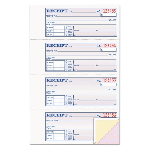 Adams Receipt Book, Three-Part Carbonless, 7.19 x 2.75, 4 Forms/Sheet, 100 Forms Total