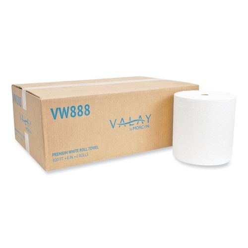 Morcon Paper Valay Proprietary Roll Towels, 1-Ply, 8" x 800 Ft, White, 6 Rolls/Carton
