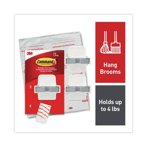 Command Broom Gripper - 3.12W X 1.85D X 3.34H, White/Gray, 3 Grippers/6 Strips