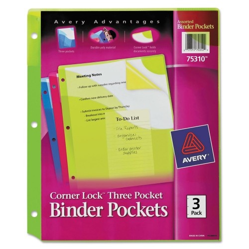 Avery Corner Lock Three-Pocket Binder Pocket, 9.25 x 11.25, Assorted Color, 3/Pack