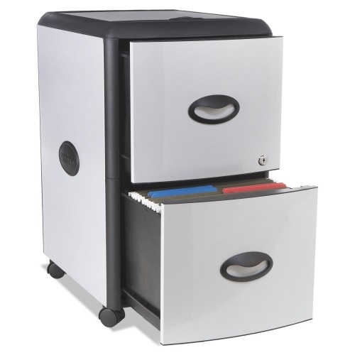 Storex Mobile Filing Cabinet with Metal Siding and Top-Drawer Organizer Tray, 2 Letter File Drawers, Silver/Black, 19" x 15" x 23"