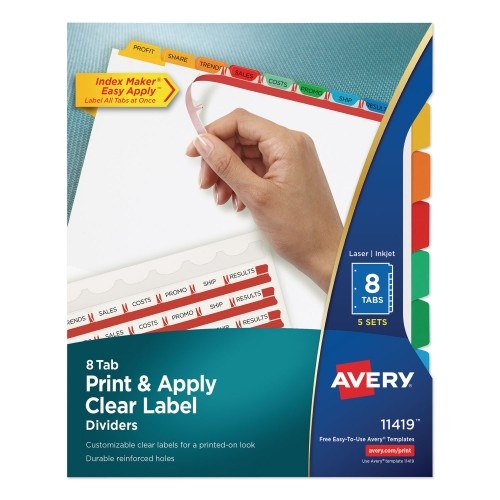 Avery Print And Apply Index Maker Clear Label Dividers, 8-Tab, Color Tabs, 11 x 8.5, White