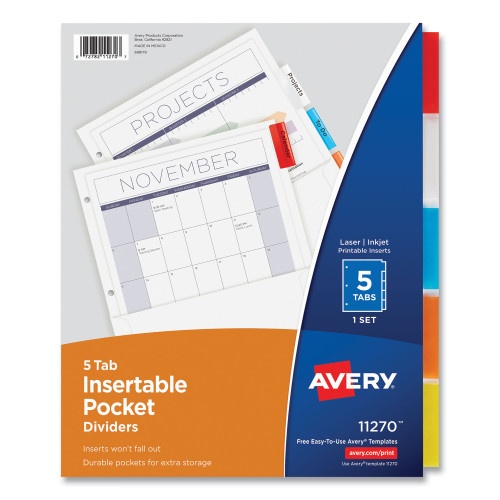 Avery Insertable Dividers with Single Pockets, 5-Tab, 11.25 x 9.13, White, 1 Set