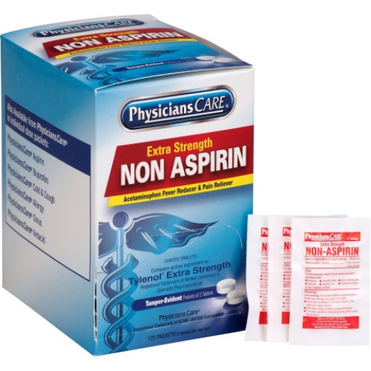 PhysiciansCare Pain Relievers - XStrength Non-Aspirin Acetaminophen, 2/Packet, 125 Packets/Box