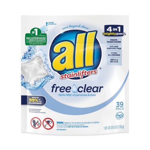 All Mighty Pacs Free And Clear Super Concentrated Laundry Detergent - 39/Pack, 6 Packs/Carton