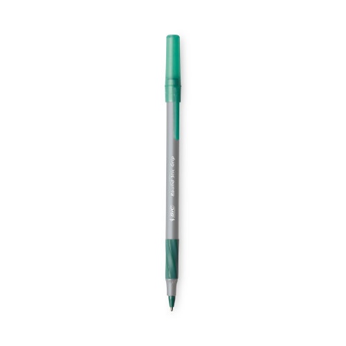 BIC Round Stic Grip Xtra Comfort Stick Ballpoint Pen, 1.2Mm, Green Ink, Gray Barrel, Dozen