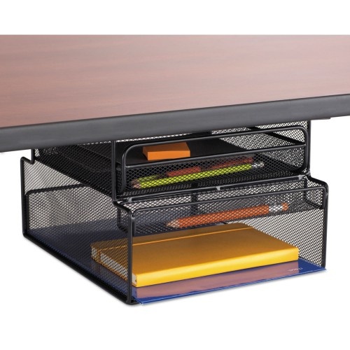 Safco Onyx Hanging Organizer with Drawer, Under Desk Mount, 3 Compartments, Steel Mesh, Black