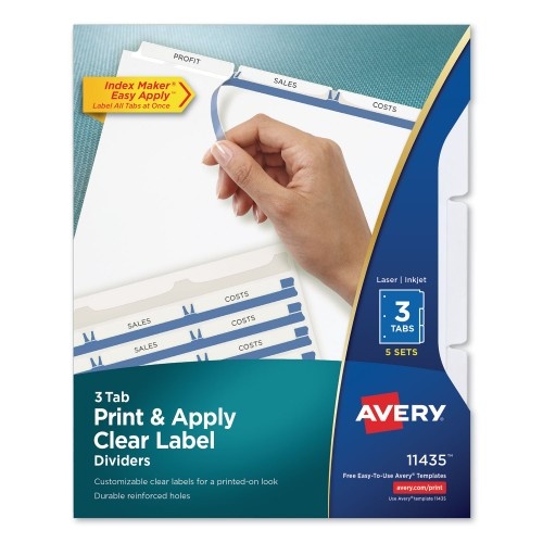 Avery Print and Apply Index Maker Clear Label Dividers - 3-Tab, White Tabs, 11 x 8.5, White, 5 Sets