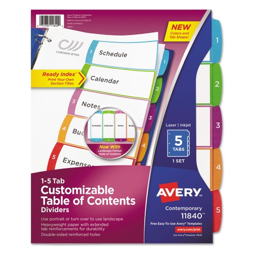Avery Customizable TOC Ready Index Multicolor Tab Dividers, 5-Tab, 1 to 5, 11 x 8.5, White