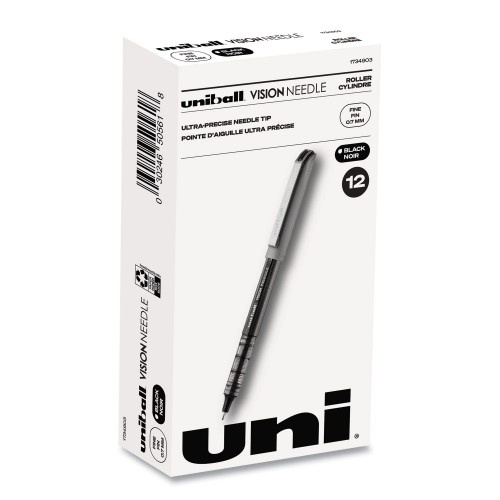 Uni-Ball Vision Needle Roller Ball Pen, Stick, Fine 0.7 Mm, Black Ink, Silver Barrel, Dozen