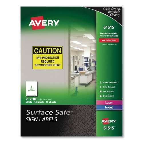 Avery Surface Safe Removable Label Safety Signs, Inkjet/Laser Printers, 8 x 8, White, 15/Pack