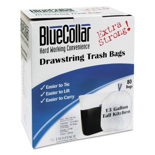 BlueCollar Drawstring Trash Bags, 13 Gal, 0.8 Mil, 24" x 28", White, 80 Bags/Box, 6 Boxes/Carton