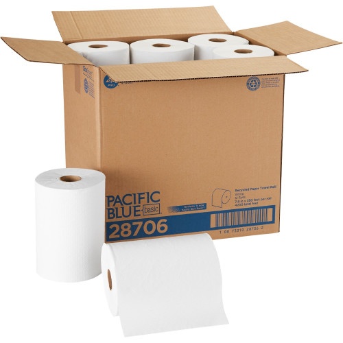 Pacific Blue Basic Nonperforated Paper Towels, 1-Ply, White, 12 Rolls/Carton