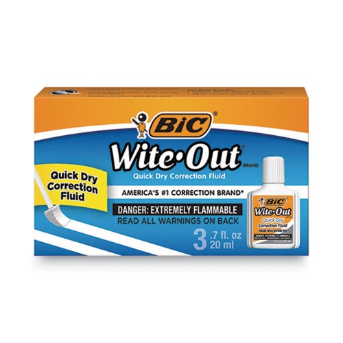 Bic Wite-Out Quick Dry Correction Fluid, 20 Ml Bottle, White, 3/Pack