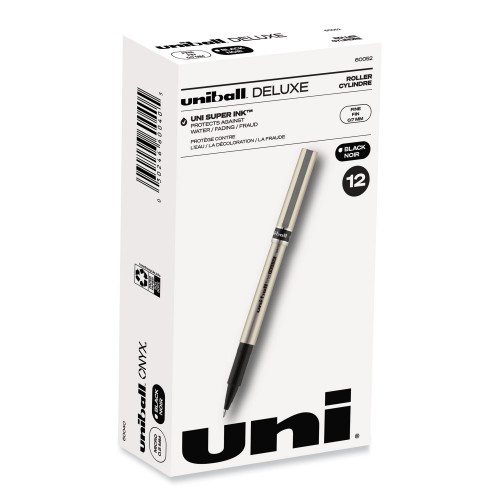 Uni-Ball Deluxe Roller Ball Pen, Fine 0.7 Mm, Black Ink, Champagne Barrel, Dozen
