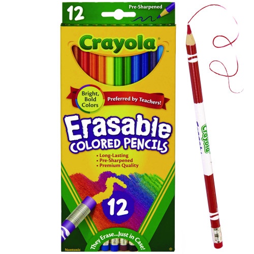 Crayola Erasable Color Pencil Set, 3.3 mm, 2B (#1), Assorted Lead/Barrel Colors, Dozen