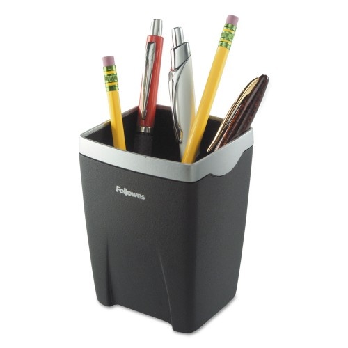 Fellowes Office Suites Divided Pencil Cup, Plastic, Black/Silver
