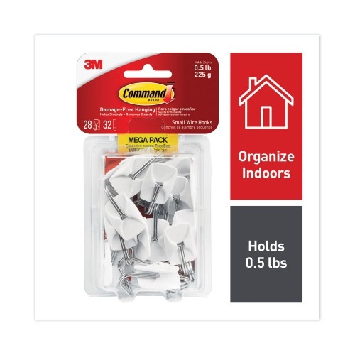 Command General Purpose Hooks, Small, Metal, White/Silver, 0.5 Lb Capacity, 28 Hooks And 32 Strips/Pack