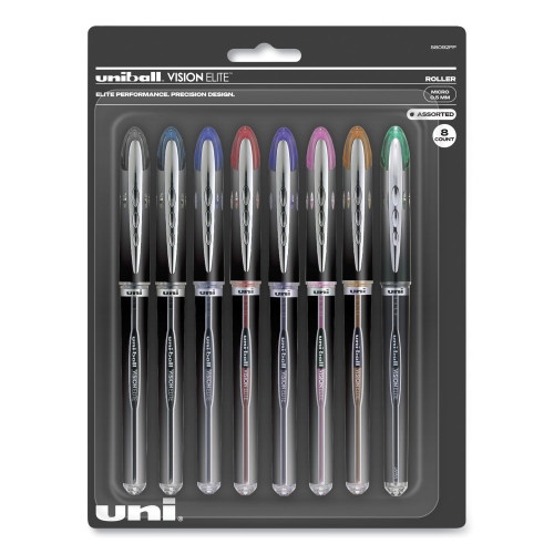 Uni-Ball Vision Elite Roller Ball Pen, Stick, Micro 0.5 Mm, Assorted Ink Colors, Black Barrel
