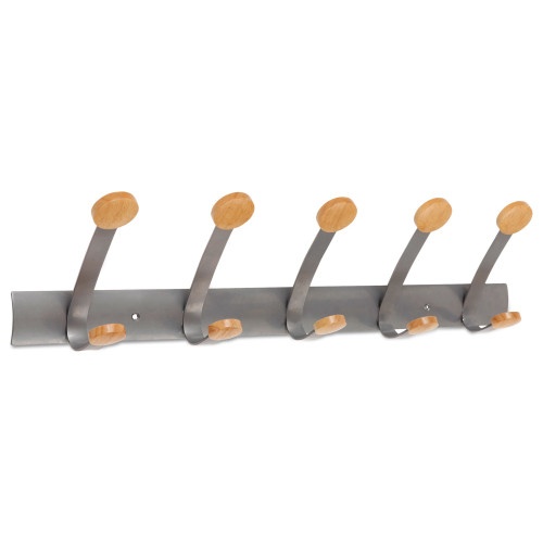Alba Wooden Coat Hook, Five Wood Peg Wall Rack, Brown/Silver - 45 Lb Capacity