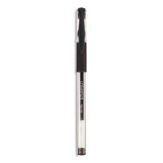 Universal Comfort Grip Gel Pen, Stick, Fine 0.5 Mm, Black Ink, Clear/Black Barrel, Dozen