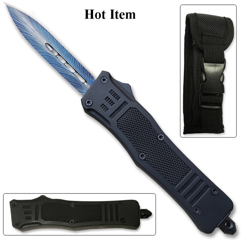 Blue Otf Knife Spear Point, Double Edged Blade