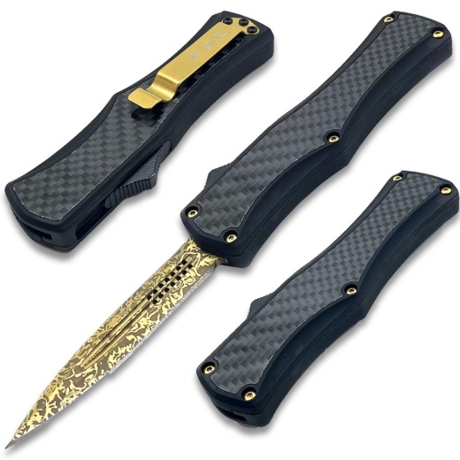 Otf Damascus Pattern Gold Blade Double Edge Carbon Fiber Handle