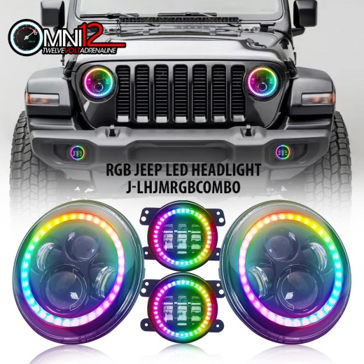 Jeep World Combo Set of 7In Round Multi-Color LED Headlights and 45In Fog Lights