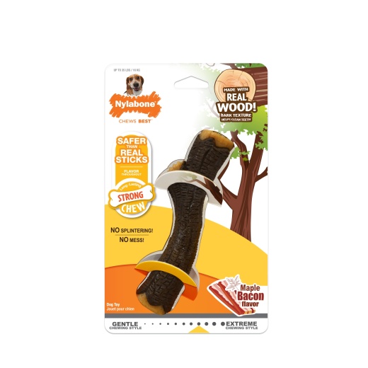 Nylabone Strong Chew Real Wood Dog Stick Toy - Medium Size with Maple Bacon Flavor