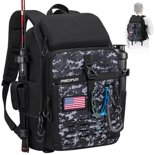 Piscifun Fishing Backpack With Rod & Gear Holder Black