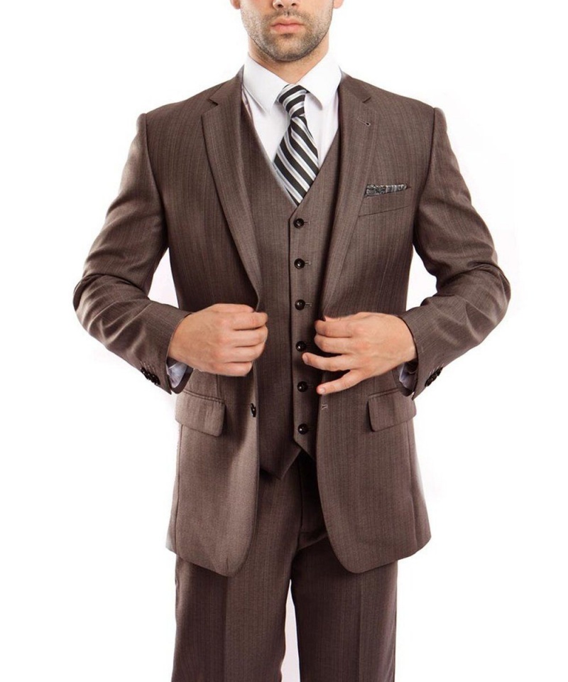 Buy Tazio Classic Brown Solid Textured Suit With Vest Online