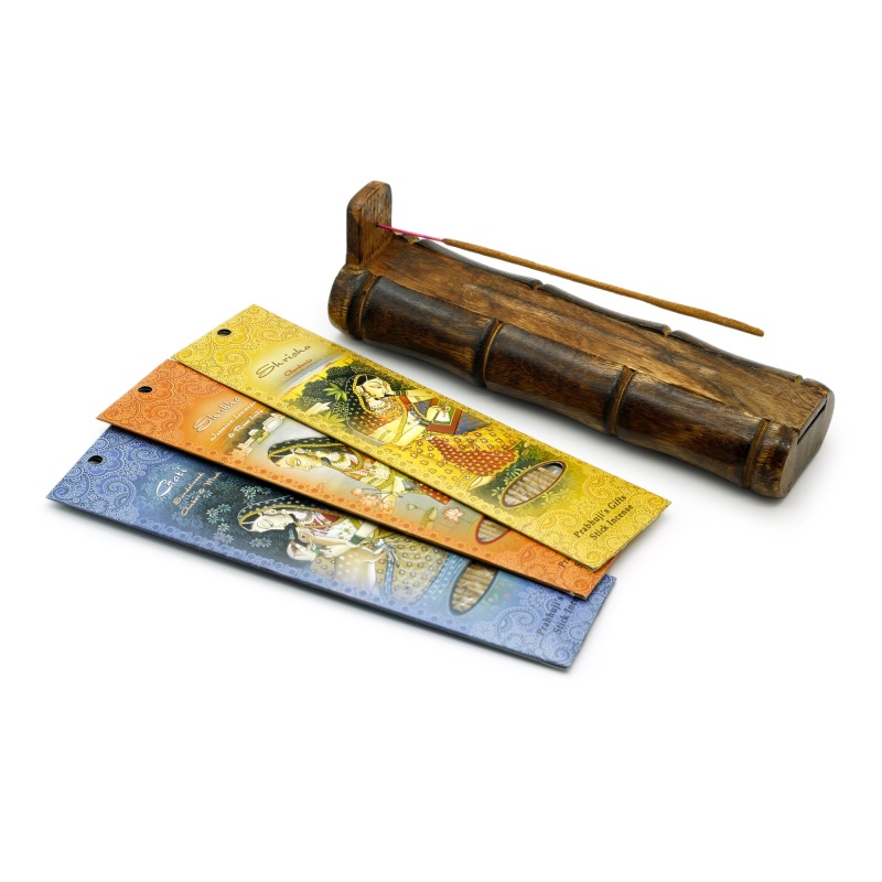 Incense Gift Set - Bamboo Burner + 3 Meditation Sticks Packs & Holiday Greeting - Love