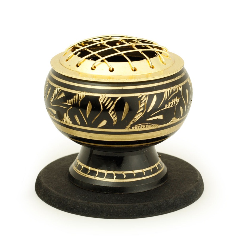 Burner - Black Brass Burner, Medium Base, Fern Engraving, Net Top 2"Hx2"d