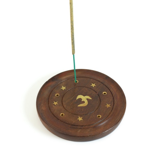 Incense Burner - Wooden Round Plate With Om - 4 Inches