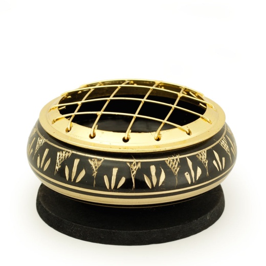 Prabhuji's Gifts Black Brass Burner - Low Base, Fern Engraving, Net Top