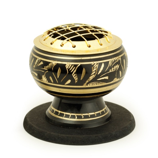 Black Brass Incense Burner with Fern Engraving - Medium Base, Net Top 2"Hx2"d