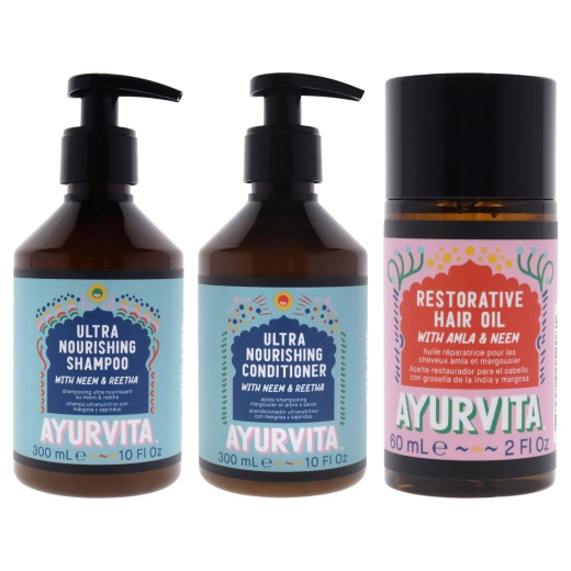 Neem And Reetha Ultra Nourishing Conditioner And Shampoo With Amla And Neem Restorative Hair Oil Kit By Ayurvita