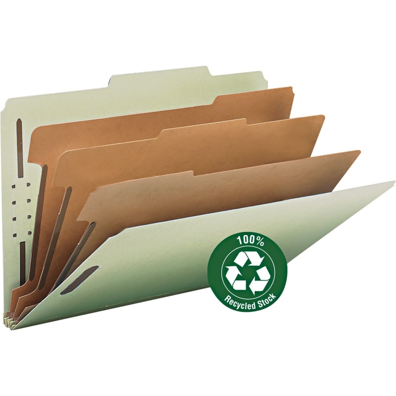 Smead 100% Recycled Pressboard 2/5-Cut Tab Classification Folders, 8-Fasteners, 3-Partitions, Legal, Gray/Green, 10/Box (19093)